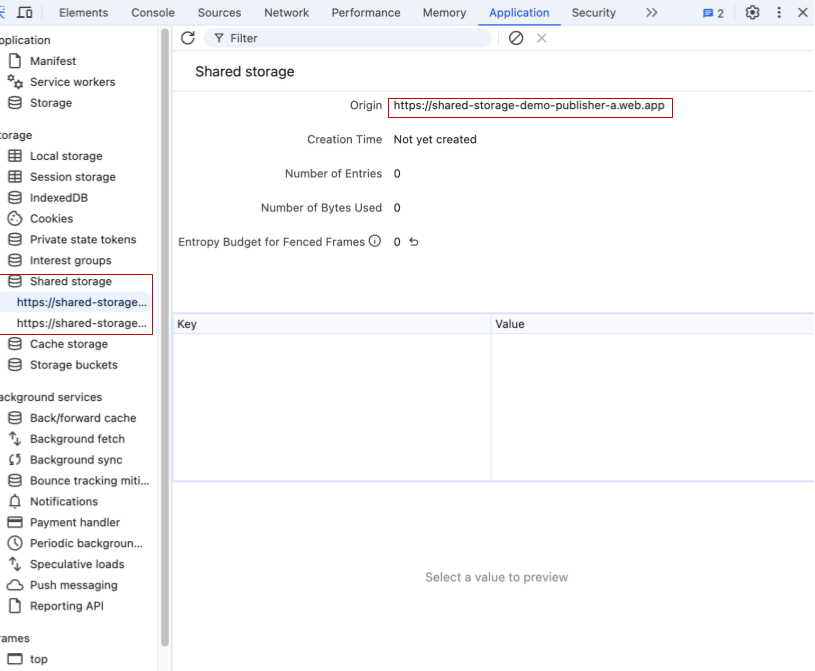 A screenshot showing Chrome DevTools specifically the Application section, Highlighting the Shared Storage entries and showing the empty storage for the origin of "Publisher A" https://shared-storage-demo-publisher-a.web.app
